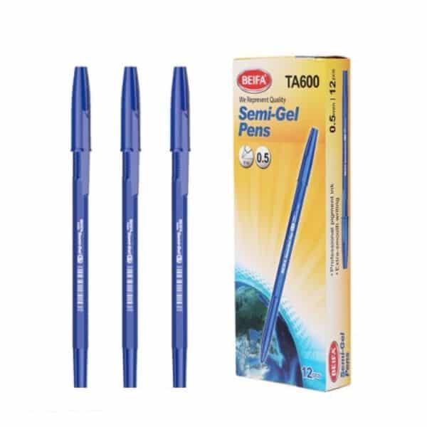 12 pcs Semi Gel Pens Blue 0.5mm packaging with three pens displayed in front.