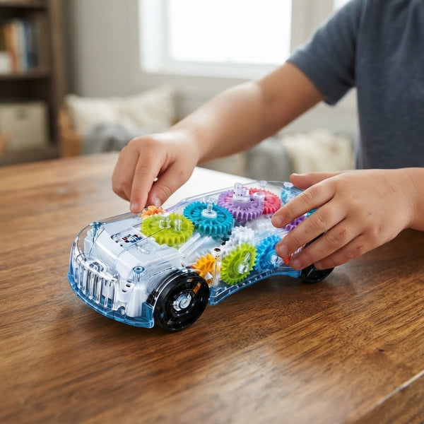 Child playing with Transparent Gear Racing Car Toy with Visible Moving Gears, showcasing colorful internal gears.