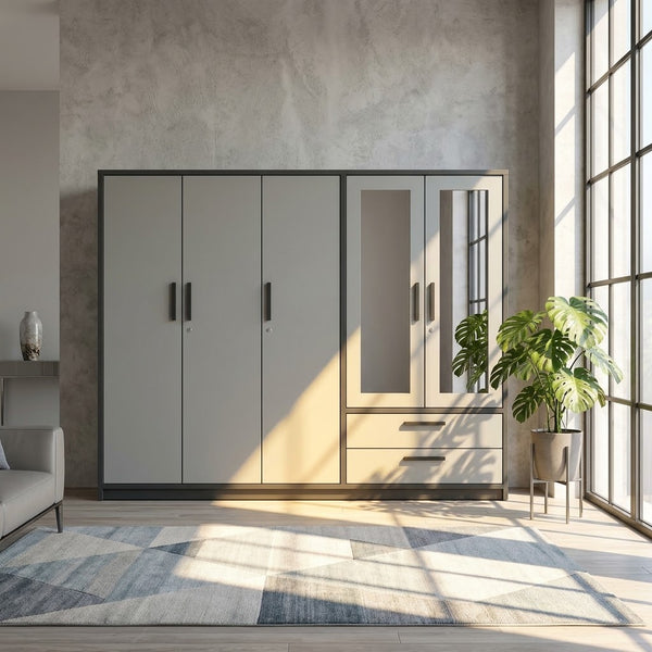 6-Door Wardrobe with Mirrored Doors and Storage Drawers