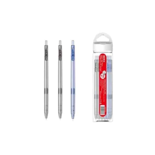 12 pcs Semi Gel Ink Pen 0.7mm Blue & Black in a transparent package showcasing three pens.