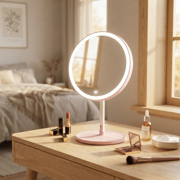 The pink and white biaxial circular makeup mirror