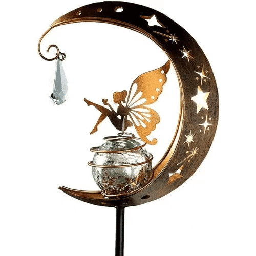 Angelic Solar Garden Light with Decorative Wind Chimes featuring a fairy silhouette on a crescent moon.