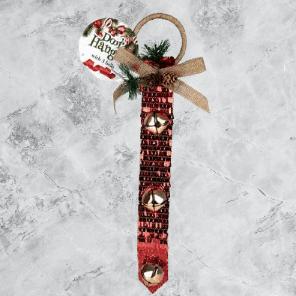 Festive Christmas Door Hanger with Bells 45 cm featuring red fabric, bells, and a decorative bow.