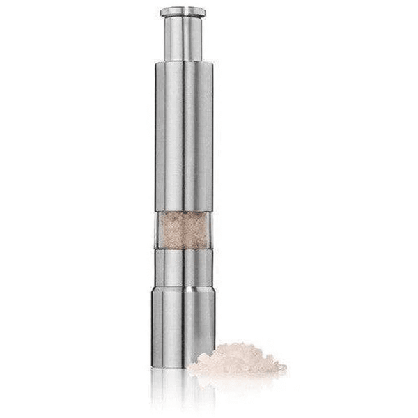 Chef Master Adjustable Salt & Pepper Grinder showcasing its sleek stainless steel design with salt and pepper granules.