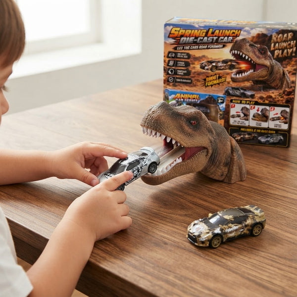 Child playing with the Dinosaur Launch Alloy Car Set featuring a dinosaur mouth launcher and alloy toy cars.