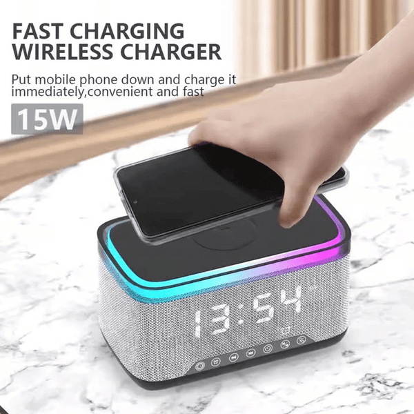 Smart Multifunction Alarm Clock with Bluetooth Speaker featuring a fast charging wireless charger for mobile devices.
