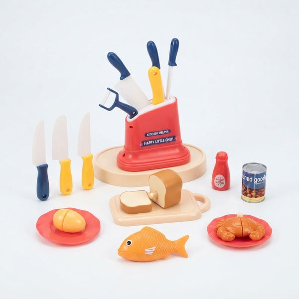 Happy Little Chef Kitchen Helper Playset for Kids with toy knives, seafood, and cooking accessories.
