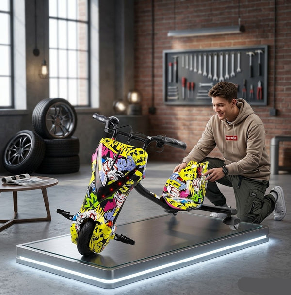 A young man assembling a colorful 36V 3-Wheel Electric Drifting Trike in a modern garage setting.