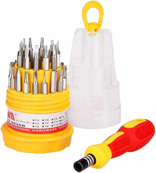 31 in 1 Mini Screwdriver Set - Yellow with multiple precision bits and a non-slip handle.