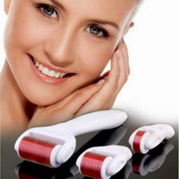 A smiling woman showcasing the 4 in 1 Derma Roller Cosmetic Kit with three rollers for skincare.