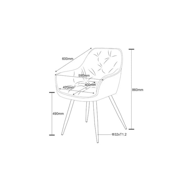 Line drawing of the Senna Velvet Padded Dining Chair with dimensions labeled.