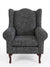 Serena Grey Fabric Wingback Chair featuring a structured design and comfortable seating.