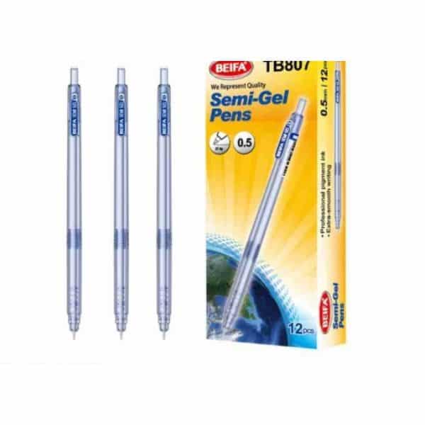 12 pcs Semi-Gel Blue Ink Pens in a pack with three visible pens and packaging featuring the brand BEIFA.