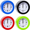 Mini Quartz Analog Desktop Alarm Clock in blue, black, red, and green colors, ideal for small spaces or travel.