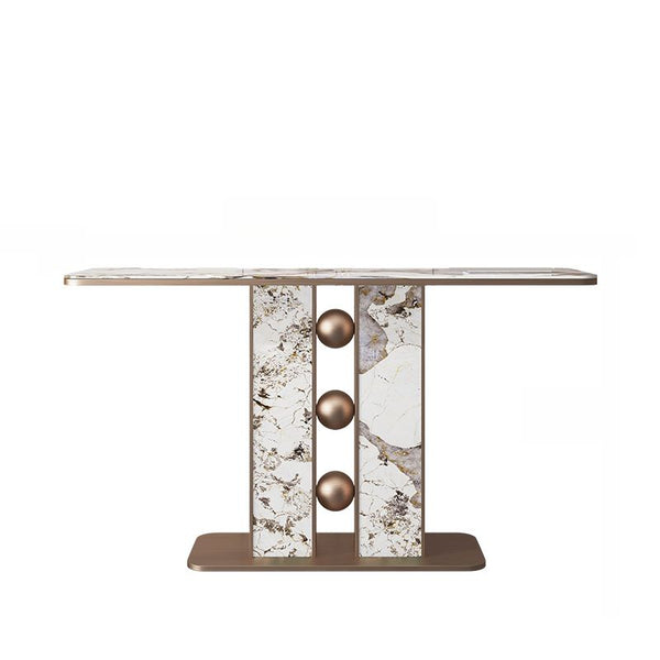 Luxury Faux Marble and Gold Circular Base Console Table showcasing a sleek design and elegant aesthetic.