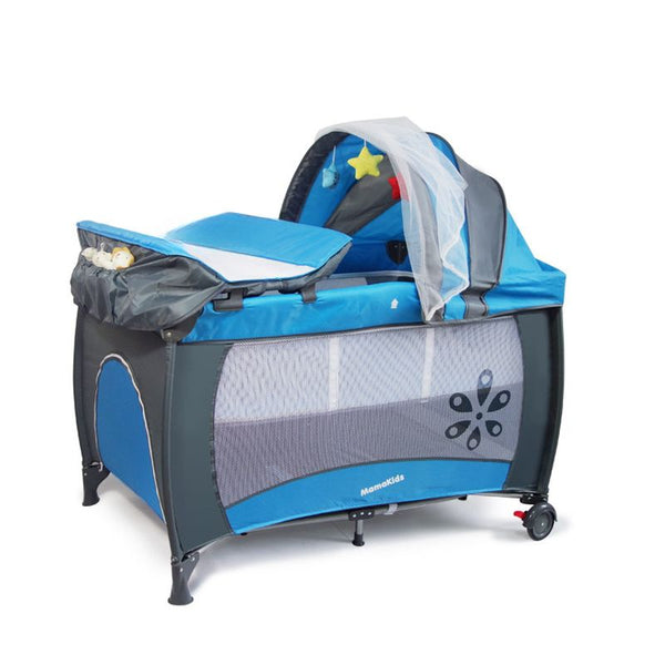 Alloy Portable Simplistic Portable Crib in blue with mobile and changing station for convenient use.