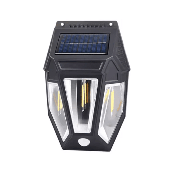 Solar Motion-Activated Wall Lamp with solar panel and bright LED lights for outdoor lighting.