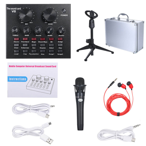 Perfect Dealz Podcast Equipment Bundle E300 Mic Kit with V8 Live Sound Card Black