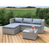 Garden Lounge Set with Grey Cushions placed on a wooden deck with drinks on a glass table.