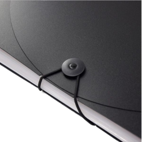 Close-up of the closure mechanism on Generic 13 Pockets Expanding File Folders showcasing a black button and elastic strap.