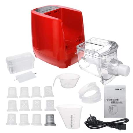 13 in 1 Pasta Maker with accessories including measuring cup, user manual, and multiple pasta shape attachments.