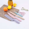 6 Piece Colorful Stainless Steel Kitchen Knife Set arranged on a wooden cutting board with fruits and tools.