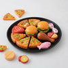 18-Piece Pretend Food Play Set featuring colorful toy pizza, burgers, and assorted food items on a black plate.