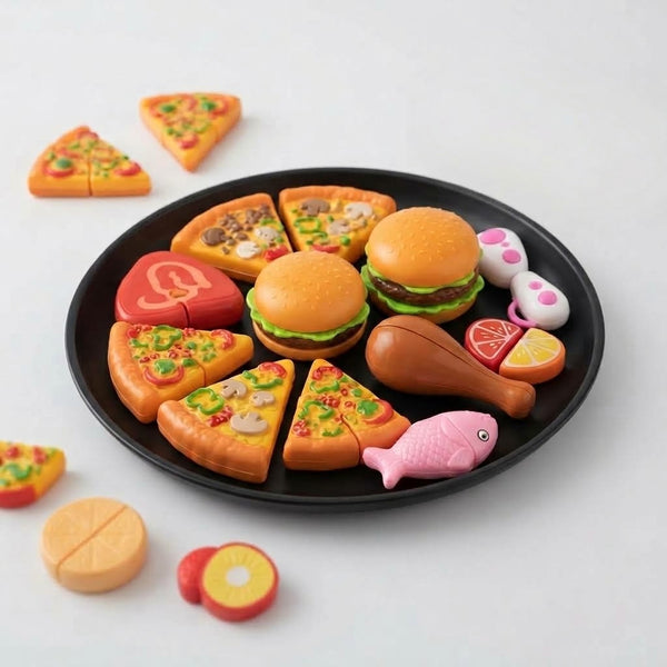 18-Piece Pretend Food Play Set featuring colorful toy pizza, burgers, and assorted food items on a black plate.
