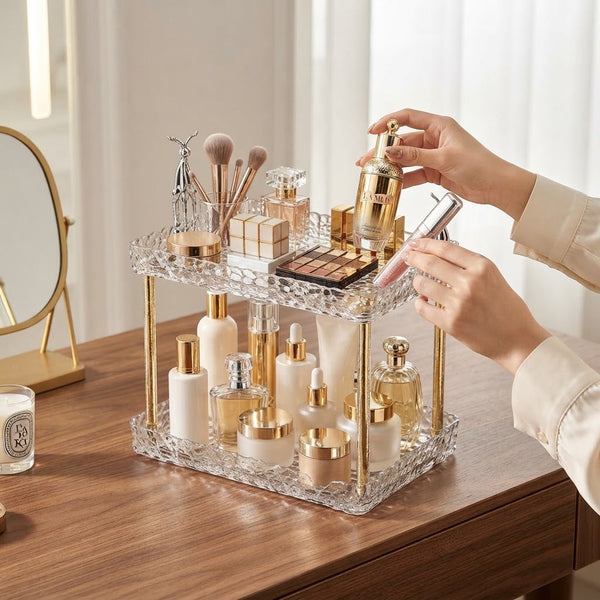 Double-Layer Water Ripple Beauty Organizer Shelf with cosmetics and beauty products elegantly displayed.