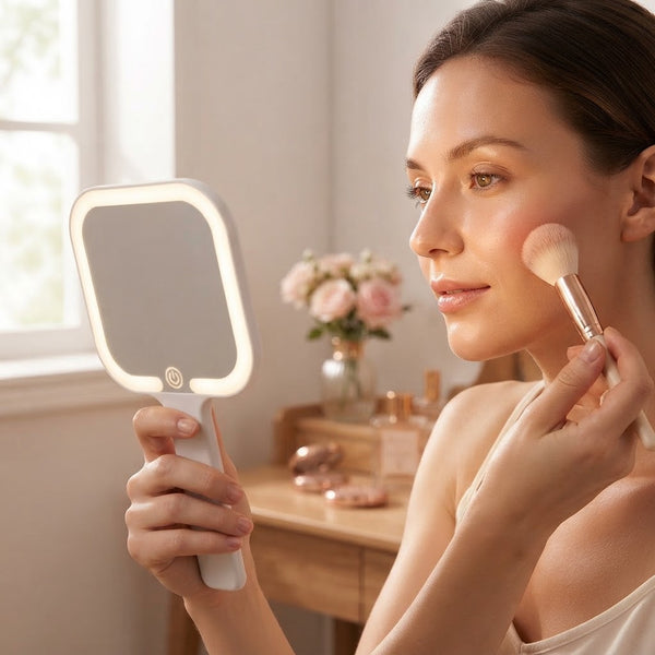 Woman using a Portable Square LED Makeup Mirror to apply blush while getting ready.