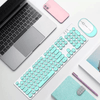 2.4 G Wireless Keyboard & Mouse Set – Ergonomic Quiet Retro Style on a workspace with a laptop and phone.