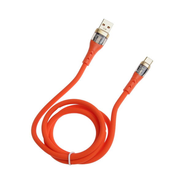 Transparent Fast Charging Data USB Cable in vibrant orange color with gold connectors for quick charging.