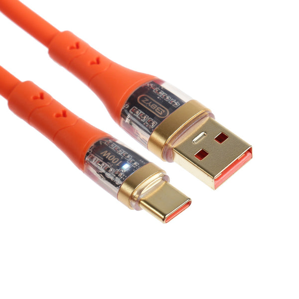 Transparent Fast Charging Data USB Cable with vibrant orange design and clear connectors.