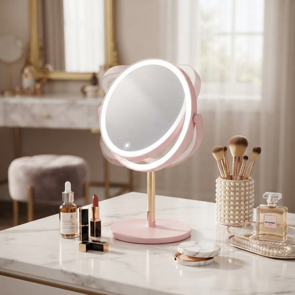 The pink and white biaxial circular makeup mirror