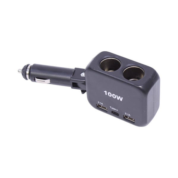 100W Dual Socket & USB Car Charger with dual ports and USB outlets for easy charging in vehicles.