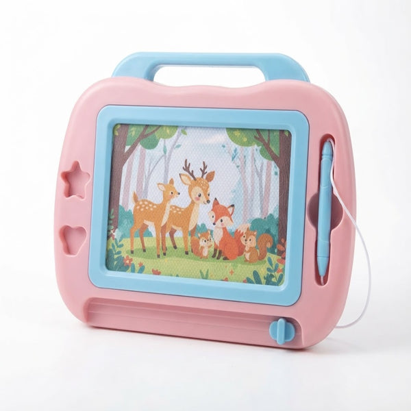 Magnetic Drawing Board with Carry Handle featuring colorful forest animals and a convenient handle for kids' creativity.