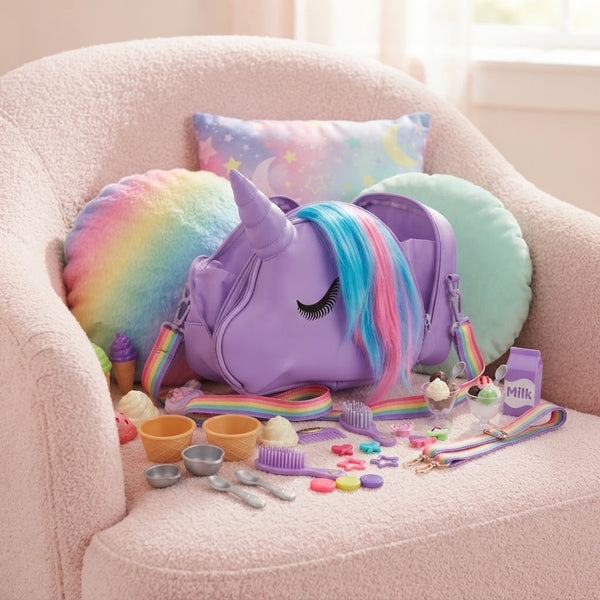 Purple Unicorn Crossbody Bag with vibrant colors and playful design, surrounded by pretend play accessories.