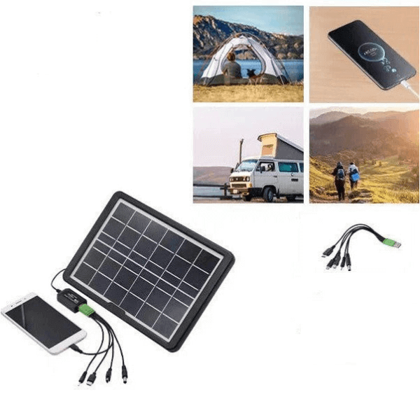 3.8W Portable Solar Panel for Outdoor Charging with smartphone and charging accessories.