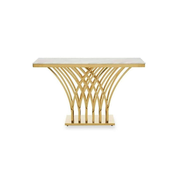 Marble Top Gold Console Table showcasing an elegant design with a polished marble surface and gold-finish frame.