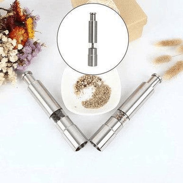 Chef Master Adjustable Salt & Pepper Grinder shown with spices and decorative elements.