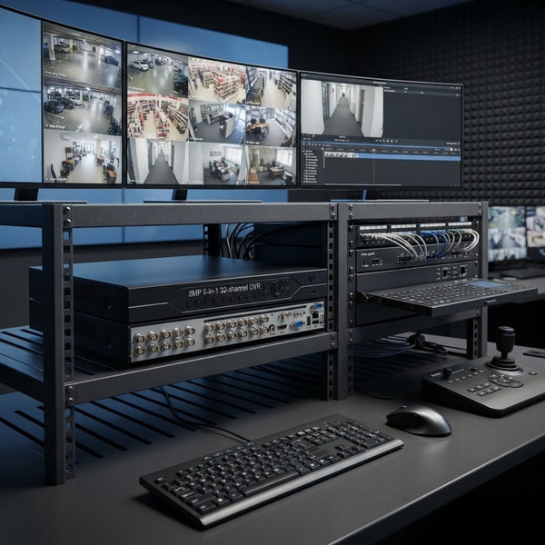 5MP 5-in-1 32-Channel Hybrid Digital Video Recorder setup with monitors and controls in a surveillance room.