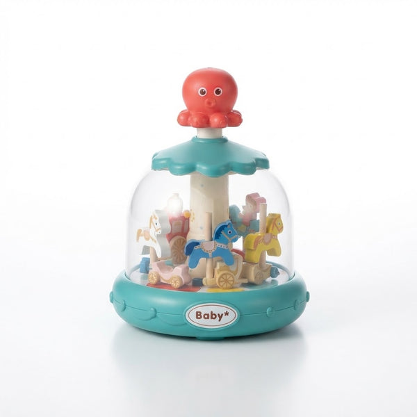 Press and Spin Carousel Toy for Kids featuring colorful horses and playful octopus design.