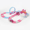 Pink Battery-Operated Toy Race Track Playset featuring colorful tracks, cars, and a loop, perfect for imaginative play.