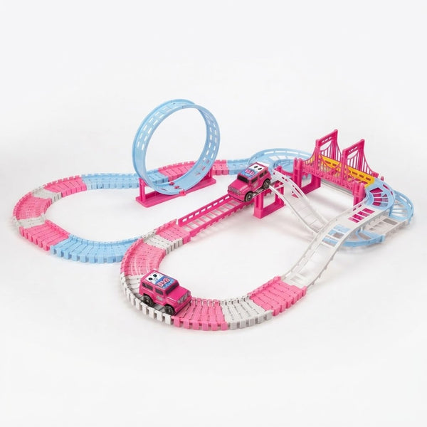 Pink Battery-Operated Toy Race Track Playset featuring colorful tracks, cars, and a loop, perfect for imaginative play.