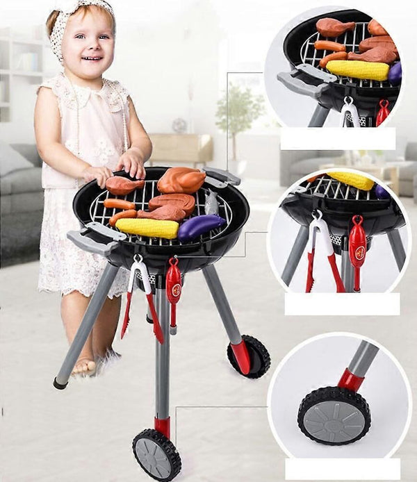 A child playing with the Kids Pretend Play BBQ Grill Play Set Toy, featuring pretend food on a realistic grill.
