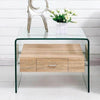 Vidal Side Table featuring a glass top, open shelf, and oak-finished drawer, ideal for modern interiors.