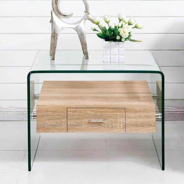 Vidal Side Table featuring a glass top, open shelf, and oak-finished drawer, ideal for modern interiors.