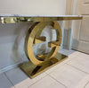 Modern Gold Circular Accent Console Table featuring a stylish golden base and a sleek marble top.