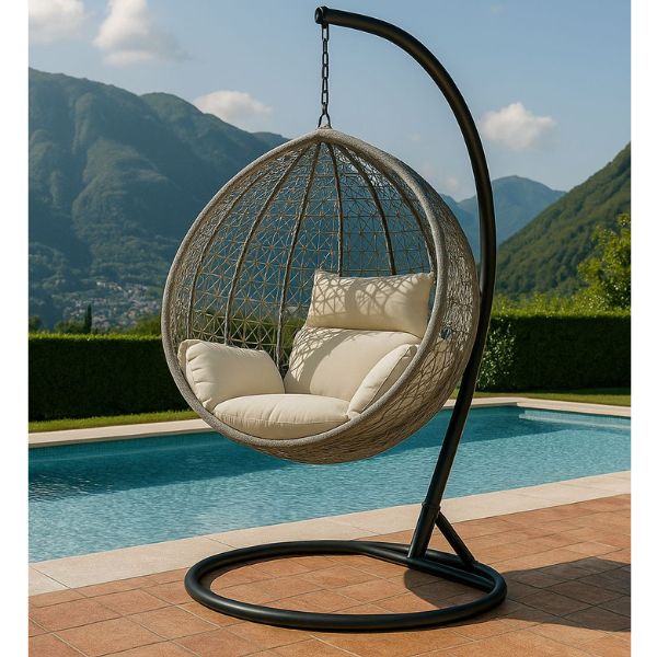 Hanging Egg Chair with Stand and Cushions by a pool, featuring a gentle sway and cozy cushions for relaxation.