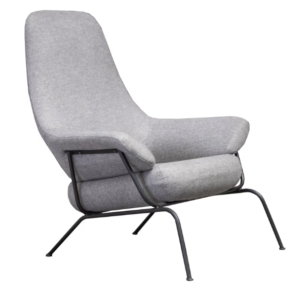 Zen Lounge Chair in a modern minimalist design with gray upholstery and sleek black frame.